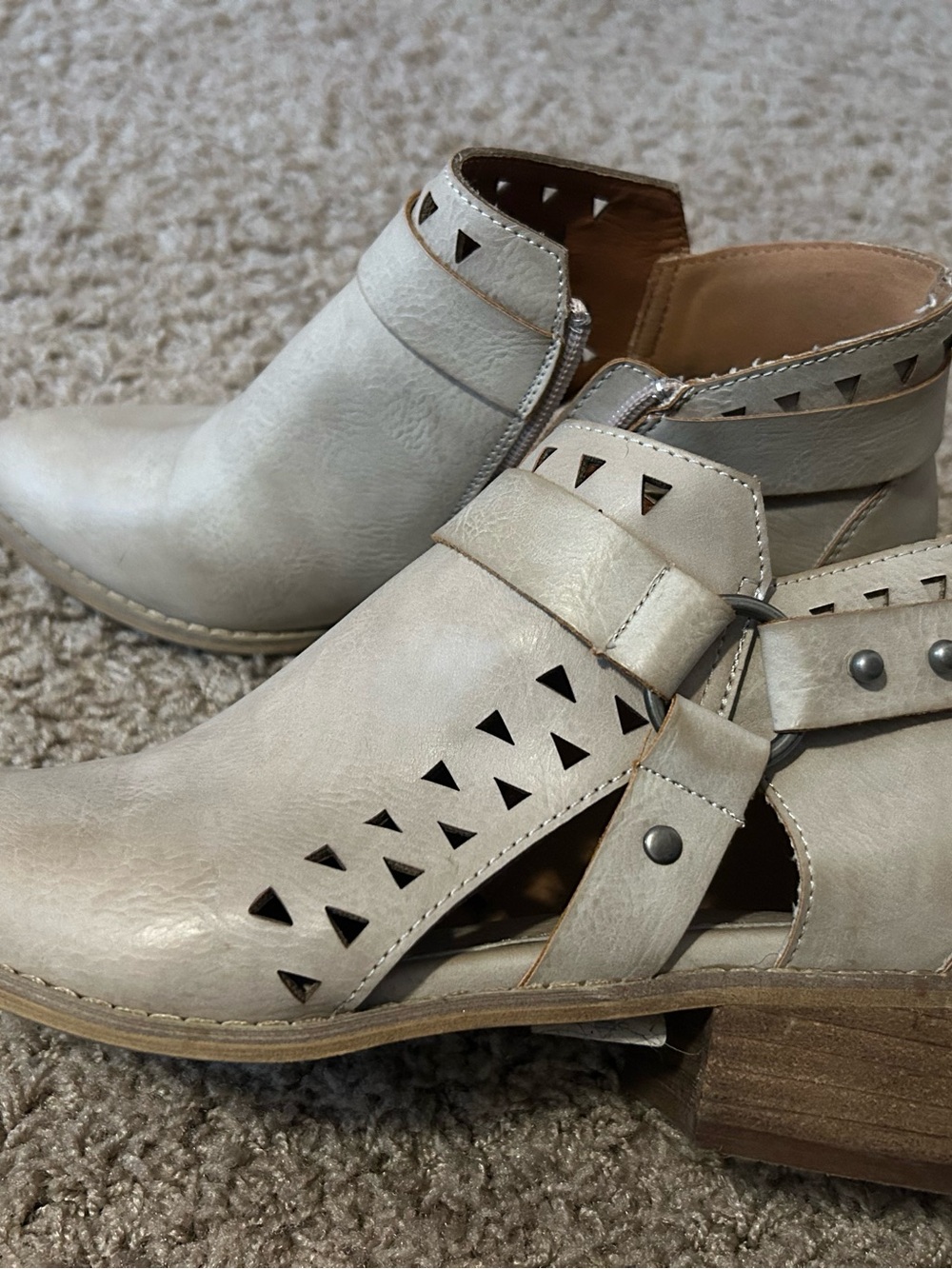 Mi.iM Buckle Cream Cutout Ankle Boots with Strap Stud Accents